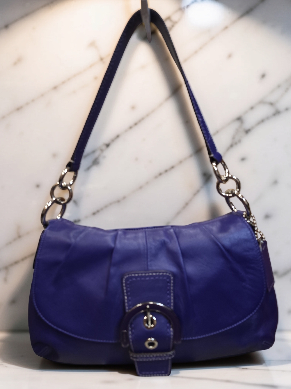 Coach Soho Pleated Purple Leather Buckle Flap Shoulder Bag